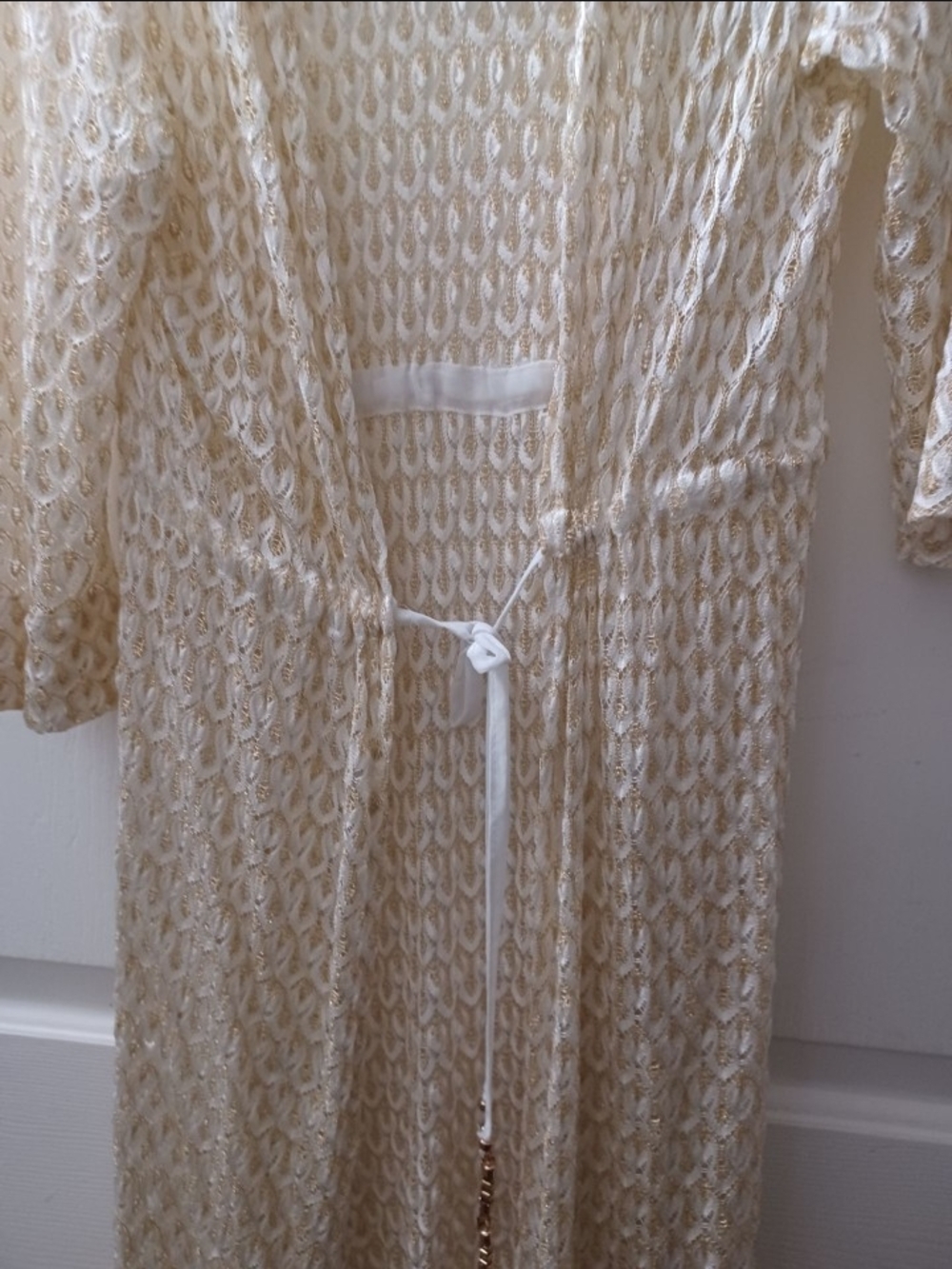 Elegant Cream Lace Maxi Dress with Gold Accent